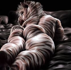 anthro ass bed equid equine furniture hi_res killianwalker looking_at_viewer looking_back lying male mammal muscular on_bed on_front presenting presenting_hindquarters slightly_chubby solo thick_thighs zebra