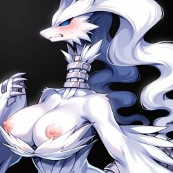 ai_generated angry anthro blush breasts claws embarassed exposed_breasts furry furry_female furry_only long_hair nexaelx nipples pokémon_(species) pokemon pokemon_(species) reshiram simple_background stable_diffusion tits_out white_fur white_hair