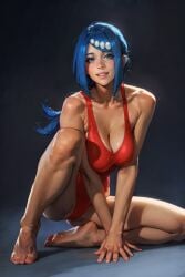 1girls ai_generated blue_hair breasts dressed female gigantic_breasts lana's_mother_(pokemon) large_breasts milf petite photoshoot playfulslothh pokemon red_swimsuit slim solo_female squatting swimsuit