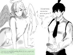 :p angel_devil_(chainsaw_man) black_and_white blueygreenyx chainsaw_man femboy gay hayakawa_aki holding_penis masturbating masturbating_while_watching request requested seductive sketch