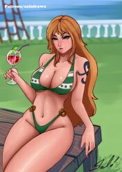 bikini bikini_bottom cleavage female female_only freckles huge_breasts nami no_pants one_piece orange_eyes orange_hair post-timeskip salsdraws tattoo thick_thighs voluptuous wine