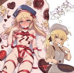 1girls artoria_pendragon artoria_pendragon_(caster) breasts chocolate ebora fate/grand_order fate_(series) female light-skinned_female light_skin long_hair medium_breasts naked_ribbon naughty_face on_back ribbon ribbon_only twintails valentine's_day youngmanisdown