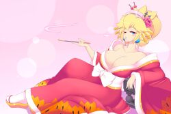 big_breasts blonde_hair blue_eyes cleavage crankyconstruct earrings female hair_ornament huge_breasts kimono kiseru large_breasts mario_(series) obi okobo pipe princess_peach ribbon smoking smoking_pipe tabi tied_hair yukata