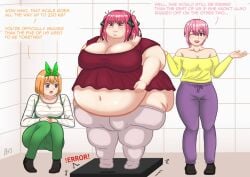 3girls bbw belly_overhang blue_eyes cleavage double_chin fat fat_arms fat_ass fat_female fat_thighs huge_ass large_breasts legwear meatpedal midriff multiple_girls nakano_ichika nakano_nino nakano_yotsuba navel obese obese_female red_dress sequence thick_thighs thighlet tight_clothing undersized_clothes weighing_scale weight_difference weight_gain white_legwear