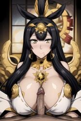 1girls ai_generated amaterasu_(battle_cats) big_breasts black_hair breasts female female_focus glasses goddess gold_jewelry huge_breasts large_breasts light-skinned_female looking_at_viewer mature_female milf yellow_eyes