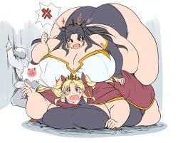 1boy 2020 2girls anger_vein angry ass bbw belly black_hair blonde_hair breasts cleavage curvaceous curvy ereshkigal_(fate) fate/grand_order fate_(series) female female_focus hi_res high_resolution highres hips huge_ass huge_belly huge_breasts ishtar_(fate) ishtar_(fate/grand_order) kurocaze long_hair male overweight overweight_female plump red_eyes voluptuous wide_hips