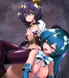 2girls biruto breasts clothed_female_nude_female completely_nude completely_nude_female femdom hiiragi_utena large_breasts magia_azul magia_baiser mahou_shoujo_ni_akogarete minakami_sayo multiple_girls pasties sitting_on_person submissive submissive_female yuri