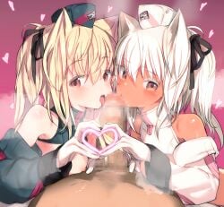 1boy 2girls animal_ears bare_shoulders blonde_hair blush cat_ears cat_girl censored collaborative_fellatio commentary_request cooperative_fellatio copyright_request fellatio ffm_threesome group_sex heart heart_hands heart_hands_duo licking licking_penis long_sleeves looking_at_viewer mosaic_censoring multiple_girls open_mouth oral paid_reward_available penis red_eyes shimada_fumikane tan teamwork threesome tongue tongue_out white_hair