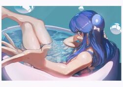 aqua_background bathing bathtub blue_hair border bow breasts bubble caustics crossed_ankles female long_hair looking_at_viewer outstretched_hand ranma_1/2 red_eyes shampoo_(ranma_1/2) solo tagme tongue tongue_out water white_border