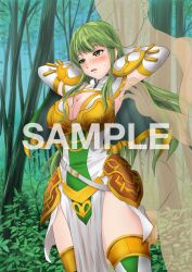 1boy 1girls alternate_costume bare_thighs blush boots breasts censored cleavage elbow_gloves female female_focus fire_emblem fire_emblem_echoes:_shadows_of_valentia fire_emblem_heroes forest gloves green_eyes green_hair large_breasts long_hair male nao_takami nintendo official_alternate_costume outdoors palla_(falcon_knight)_(fire_emblem) palla_(fire_emblem) pelvic_curtain penis sample solo_focus thigh_boots thighs