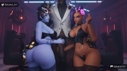 1boy 2girls 3d akande_ogundimu amelie_lacroix big_dick blizzard_entertainment blue-skinned_female bottomless bottomless_male dark-skinned_male dark_skin doomfist eskandart female female/female/male formal_doomfist hung indoor_nudity indoors interracial male male/female/female melanin multiple_girls olivia_colomar overwatch overwatch_2 overwatch_archives penis pimp skimpy_outfit sombra widowmaker wine wine_bottle wine_glass yellow_eyes