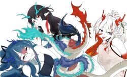 1boy 3girls arknights black_hair blue_hair china_dress chinese_clothes colored_skin dokonjou_(odossan) dragon_girl dragon_horns dragon_tail dress dusk_(arknights) dusk_(everything_is_a_miracle)_(arknights) female highres horns ling_(arknights) long_hair looking_at_viewer multiple_girls nian_(arknights) nian_(unfettered_freedom)_(arknights) orange_eyes penis pointy_ears short_hair sisters tail white_background white_hair