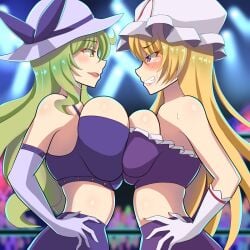 2girls blonde_hair blurry blurry_background blush breast_contest breast_envy breast_fight breast_press breasts catfight ceiling_light clenched_teeth cowboy_shot crop_top crowd edorado elbow_gloves gloves hand_on_own_hip hat hat_ribbon huge_breasts large_breasts long_hair looking_at_another mob_cap multiple_girls outline pink_lips profile purple_eyes purple_ribbon purple_shirt purple_skirt red_ribbon ribbon shirt sidelocks skirt smug stage_lights stomach strapless sun_hat symmetrical_docking talking tearing_up teeth touhou tube_top very_long_hair watatsuki_no_toyohime white_gloves yakumo_yukari yellow_eyes yukari_yakumo yuri