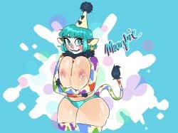 blue_eyes blue_hair breasts clown clown_girl cow_ears cow_tail disasterpulse huge_breasts lactation lactation makeup original_character