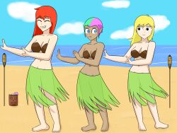 3girls 4:3 :t ace alternate_version_available beach black_eyes blonde_eyebrows blonde_hair blonde_hair_female blue_eyes blue_sky blushing_at_another closed_eyes clouds coconut_bra dancer dancing dark_skin deviantart digital_drawing_(artwork) drink female_only grass_skirt green_and_pink_eyebrows green_hair grinning hi_res hula hula_dancer hula_skirt instagram long_blonde_hair long_hair long_hair_female long_red_hair miniguncat multiple_girls nude_underneath ocean ocs original_characters pink_hair red_eyebrows red_hair red_hair_female reddit sand scarlet shanoa tiki_torches wizardrous-wonders