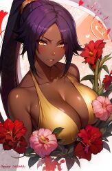 ai_generated athletic bangs bleach dark_skin endowed female flower golden_eyes heart long_hair nai_diffusion ponytail purple_hair red_flower shihouin_yoruichi slender_waist solo stable_diffusion unstable_diffusion valentine's_day