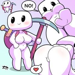 :> backpack breasts dialogue featureless_crotch female_only forager_(character) forager_(game) heart heart_speech_bubble heart_symbol nipple_outline nude pickaxe presenting presenting_hindquarters rejection rule_63 tagme tonytoran white-skinned_female white_skin white_skinned_female