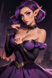 ai_generated cumontits elf_ears elf_female large_breasts looking_at_viewer paladins purple_eyes purple_hair short_hair skye_(paladins) smile stable_diffusion