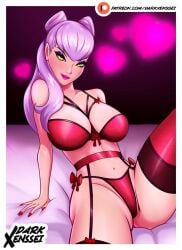 big_areola big_breasts breasts evelynn heart kda_evelynn league_of_legends lingerie red_lingerie thick_thighs thighs valentines_day white_hair yellow_eyes