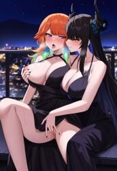 2girls ai_generated black_dress black_hair blush breasts breath city_background clothed clothed_sex clothing dress dress_aside drunk fingering groping groping_breasts half-closed_eyes heavy_breathing hololive hololive_english horns hunterai large_breasts legs_apart long_dress nerissa_ravencroft night nipples no_panties orange_hair outdoor outdoor_sex outdoors portrait pussy pussy_juice sex sitting sweat tagme takanashi_kiara tongue tongue_out virtual_youtuber yuri