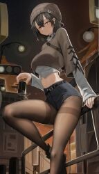 belly_button big_breasts black_hair bob_cut brown_hair city_background cityscape genek hat leg_up long_sleeves looking_at_viewer looking_down oc original_characters pantyhose short_hair shorts sitting sitting_on_chair slim slim_girl slim_waist sweater teenager thick_thighs