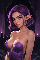 ai_generated breasts elf_ears elf_female large_breasts looking_at_viewer paladins purple_eyes purple_hair short_hair skye_(paladins) smile stable_diffusion