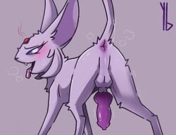 animal_genitalia animal_penis anus ass balls blush bodily_fluids breath canine_penis cheek_tuft chest_tuft digitigrade eeveelution erection espeon facial_tuft fangs feral forehead_gem fur generation_2_pokemon genitals knot looking_at_viewer looking_back male mammal nintendo open_mouth penis pink_background pink_body pink_fur pokemon pokemon_(species) presenting presenting_anus presenting_hindquarters presenting_penis purple_eyes purple_penis quadruped raised_tail shaded signature simple_background solo spiral_eyes sweat tongue tongue_out tuft video_games yaldabroth