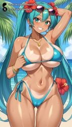 1girls aqua_eyes aqua_hair armpits arms_up bangs bikini blue_bikini blush bracelet breasts cameltoe cleavage cowboy_shot dark-skinned_female dark_skin earrings eyewear_on_head flower front-tie_top grin hair_flower hair_ornament hibiscus highleg hoop_earrings jewelry large_breasts long_hair looking_at_viewer navel necklace one-piece_tan shiny shiny_skin side-tie_bikini_bottom skindentation smile solo sunglasses swimsuit tanlines thighs twintails underboob very_long_hair white_background