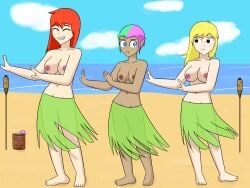 3girls 4:3_aspect_ratio 5_toes :t ace alternate_version_available beach black_eyes blonde_eyebrows blonde_hair blonde_hair_female blue_eyes blue_sky blushing_at_another breasts closed_eyes clouds dancer dancing dark_nipples dark_skin deviantart digital_drawing_(artwork) drink edit edited female_only grass_skirt green_and_pink_eyebrows green_hair grinning hi_res hula hula_dancer hula_skirt instagram long_blonde_hair long_hair_female long_red_hair looking_aside looking_at_another medium_breasts miniguncat multiple_girls nude_underneath ocean ocs original_characters pink_hair public_topless red_eyebrows red_hair red_hair_female reddit scarlet shanoa sky tiki_torches topless wizardrous-wonders