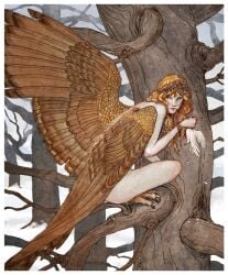 avian avian_feet bird blood bluefooted bodily_fluids crouching eating european_mythology feathered_wings feathers female forest greek_mythology hair harpy humanoid long_hair looking_back mythological_avian mythological_creature mythology nude plant snow solo tail tail_feathers tree wings