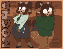 2024 anthro antlers big_breasts book braindeadkara breasts breasts_squeezed_together brown_fur brown_hair cervid collared_shirt curvaceous curvy deer deer_ears deer_girl deer_tail dialogue digital_media_(artwork) dot_eyes english_text eyebrows eyebrows_visible_through_hair eyewear female female_only freckles freckles_on_thighs furry furry_only glasses hands_on_thighs hips hips_wider_than_shoulders holding_object hourglass_figure huge_breasts leaning_forward long_sleeves massive_breasts messy_hair mocha_(braindeadkara) nipple_outline oc office_clothing office_lady open_mouth pencil_skirt pointing_up ponytail reference_sheet shoes short_shorts short_snout simple_background solo solo_female solo_focus sweatdrop tail text thick thick_thighs thighs tie turtleneck turtleneck_sweater voluptuous voluptuous_female watermark wide_hips