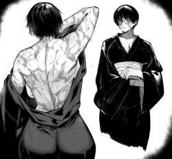 1girls ass ass_focus big_ass big_butt burn_marks burn_scar burn_scars burns fat_ass female female_only glasses huge_ass huge_butt jujutsu_kaisen kimono large_ass large_butt looking_at_viewer looking_back masoq095 monochrome muscular muscular_arms muscular_female pixie_cut scar scarred scars scars_all_over short_hair shounen_jump thick thick_ass thick_thighs thighs tomboy very_short_hair wounds zenin_maki