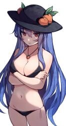 bikini black_bikini black_headwear blue_hair breasts chiroru_(cheese-roll) cleavage closed_mouth commentary crossed_arms female food fruit groin highres hinanawi_tenshi jewelry large_breasts leaf long_hair looking_at_viewer navel peach_(fruit) pendant red_eyes sidelocks simple_background solo swimsuit tenshi_hinanawi touhou white_background