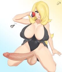 1futa balls big_balls big_breasts blonde_hair bottomless breasts clothed clothing cynthia_(pokemon) erection futa_only futanari glasc hair_over_one_eye high-angle_view huge_breasts huge_cock human kneeling light-skinned_futanari light_skin long_hair one_eye_covered partially_clothed penis pokeball pokemon smooth_balls solo veiny_penis