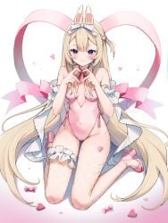 1girl alternate_costume animal_ears bangs bare_shoulders blonde_hair blue_eyes blush breasts bunny_ears bunny_girl bunnysuit cleavage closed_mouth covered_navel eyebrows_visible_through_hair female_only fishnet_legwear fishnets full_body hair_ornament hair_ribbon hairband heart heart_hands high_heels kneeling leg_garter leotard long_hair looking_at_viewer medium_breasts pantyhose pink_bow pink_footwear pink_leotard pink_ribbon ribbon shadow shoes small_breasts smile solo sparkle strapless suomi_kp31_(girls_frontline) thigh_strap thighhighs very_long_hair virtual_youtuber vyugen yenko yenkoes