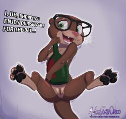 3_toes anthro averyfondoreo breasts brown_body brown_fur claws dialogue disney eyewear eyewear_only feet female fur genitals glasses glasses_only green_eyes hi_res lying mammal mustelid nipples nude on_back open_mouth otter pawpads pussy sam_(zootopia+) small_breasts solo toe_claws toes wearing_glasses whiskers wine_bottle zootopia zootopia+