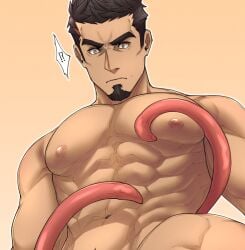 abs bara bare_pectorals beard biceps facial_hair goatee highres large_pectorals male male_focus mature_male muscular muscular_male nipples no_visible_genitalia pectorals sergei_strelka sideburns tales_of_(series) tales_of_zestiria tentacle tentacle_on_male thick_eyebrows topless_male wyatt_wu1020 yaoi