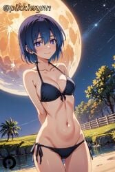 ai_generated arms_behind_back bikini black_bikini blue_eyes blue_hair blush breasts cleavage closed_mouth collarbone cowboy_shot female full_moon halterneck kamiya_(kawaii_dake_ja_nai_shikimori-san) kawaii_dake_ja_nai_shikimori-san looking_at_viewer medium_breasts moon navel night night_sky outdoors pikkiwynn short_hair side-tie_bikini_bottom sky smile solo star_(sky) starry_sky stomach swimsuit tree