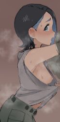 1girls areolae black_hair blue_eyes blue_hair blush blush breast_peek breasts breasts_out color colored_inner_hair cute cute_face female female_focus female_only gundam gundam_suisei_no_majo haburashi light-skinned_female light_skin molestation nika_nanaura nipple_slip nipples no_bra open_mouth shirt shirt_lift short_hair small_breasts solo solo_female standing sweat sweatdrop sweating upper_body