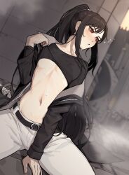 belt black_hair blush female flat_belly gogalking insact jeans long_hair oc open_jacket original_characters red_eyes shirt_lift shirt_up slim_waist spread_legs sweatdrop teenager tied_hair underboob wet wet_body wet_skin