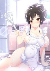 2024 apron areola_slip asuka_(senran_kagura) betterthanbone2 blush breasts brown_eyes brown_hair cabinet cleavage closed_mouth commentary covered_navel cream cream_on_body cream_on_breasts cream_on_face day embarrassed fallen_down food food_on_face hair_ribbon highres holding holding_whisk kitchen large_breasts marvelous medium_hair messy_room naked_apron on_floor ponytail refrigerator ribbon senran_kagura short_ponytail sideboob sunlight tile_floor whisk white_apron white_ribbon window