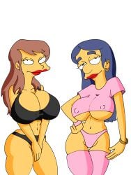 2024 20th_century_fox 20th_century_studios 2girls annika_van_houten belly_button blue_hair breasts gigantic_breasts laura_powers lipstick looking_at_viewer maxtlat nipples_visible_through_clothing screenshot the_simpsons underboob yellow_body yellow_skin