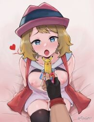 1boy 1girls artsheops ash_ketchum blonde_hair blue_eyes breasts canon_couple female game_freak hat hi_res innuendo light-skinned_female light-skinned_male light_skin male male_pov medium_breasts nintendo pokemon pokemon_(anime) pokemon_xy pov satoshi_(pokemon) serena_(pokemon) short_hair