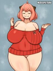 1girls aged_up anya_face anya_forger big_breasts blush bottomless cleavage female female_only green_eyes large_breasts looking_at_viewer matospectoru pink_hair pussy slanted_eyes smug smug_face solo solo_female solo_focus spy_x_family sweater thick_thighs thighs wide_hips