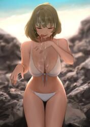 after_sex beach bikini blurry blurry_background bracelet breasts closed_eyes cum cum_on_body cum_on_breasts cum_on_hands earrings facial female highres idolmaster idolmaster_cinderella_girls jewelry large_breasts licking light_brown_hair mole mole_under_eye navel necklace outdoors rock senju_(snz0) short_hair sitting solo stomach stray_pubic_hair swimsuit takagaki_kaede thighs tongue tongue_out white_bikini