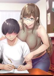 1boy 1girls bangs bare_shoulders black_hair blue_eyes blush breasts brown_hair curtains denim desk female gentsuki glasses highres holding_pen indoors large_breasts long_hair male midriff original ribbed_shirt shirt short_sleeves sidelocks sitting sleeveless sleeveless_shirt smile standing studying teacher tutor white_shirt writing