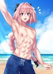 1boy 2022 abs ambush_(trap) arm_up armpits astolfo_(fate) beach bow braid bulge cloud eyebrows_visible_through_hair fangs fate/apocrypha fate/grand_order fate_(series) femboy hair_between_eyes hair_ribbon happy highlights highres long_hair long_ponytail looking_at_viewer male male_only matching_hair/eyes mizuumi_(bb) muscles muscular muscular_femboy muscular_male navel nipples ocean open_mouth outdoors pink_eyes pink_hair ponytail puffy_nipples ribbon sand single_braid sky smile solo sunlight swim_trunks swimwear tied_hair tongue topless very_long_hair water waving white_highlights