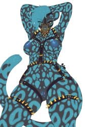 anthro blue_body breasts collar felid female genitals hands_behind_head hi_res jaguar mammal mostly_nude multicolored_body pantherine pussy reina_(artist) solo spiked_collar spikes two_tone_body