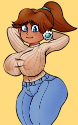 1girls arms_behind_head big_breasts blue_eyes brown_hair busty clothed clothed_female clothing earrings eyelashes female ham_saus hands_behind_back hands_behind_head huge_breasts jeans large_breasts lips mario_(series) nintendo nipple_bulge nipples_visible_through_clothing ponytail pose posing princess princess_daisy sensual short_hair smile stretched_clothing sweater voluptuous