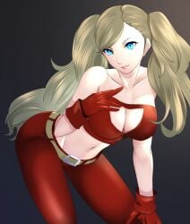 1girls alternate_costume ann_takamaki big_breasts blue_eyes cleavage_cutout female hands_on_breasts hands_on_knees holes jin_morisono looking_at_viewer midriff pants persona persona_5 red_gloves red_pants skeb_commission smile solo twintails